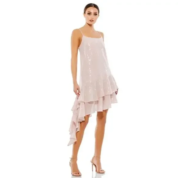 MAC DUGGAL Dress Size 0 Evening Gown Sequin Rose Pink Mini Asymmetrical Ruffle - Picture 1 of 7